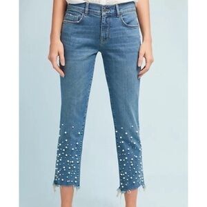 Anthropologie Pilcro Hyphen Pearl Gem Embellished Jeans Boho Distressed Denim